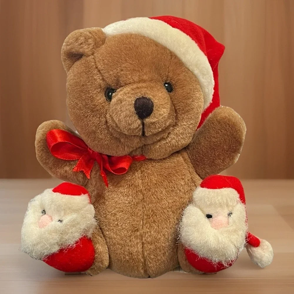 1992 Ganz Santa's Little Helpers Brown Bear w/ Hat Santa Claus Slippers Vintage